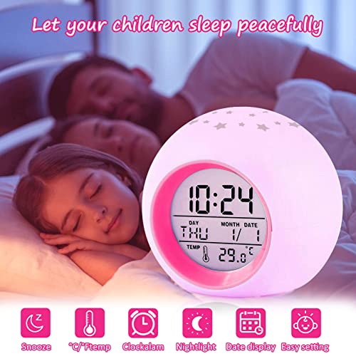 Tarklanda Kids Alarm Clock,Moon Stars Projector Alarm Clock,7 Color Changing Night Light,Snooze Touch Control Temperature for Kids’ Bedroom, Digital Clock for Girls Boys Children - Image 3