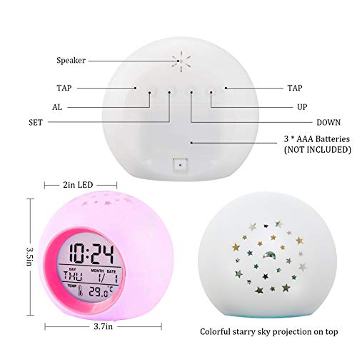 Tarklanda Kids Alarm Clock,Moon Stars Projector Alarm Clock,7 Color Changing Night Light,Snooze Touch Control Temperature for Kids’ Bedroom, Digital Clock for Girls Boys Children - Image 2