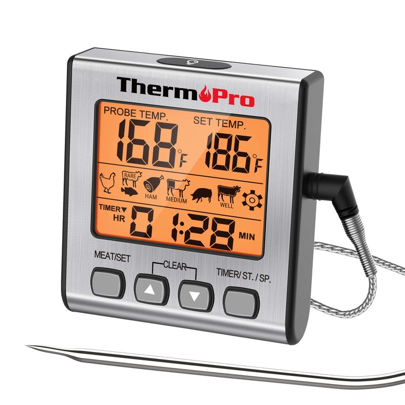 ThermoPro TP16S Digital Meat Thermometer for Cooking and Grilling, BBQ Food Thermometer with Backlight and Kitchen Timer, Grill Temperature Probe Thermometer for Smoker, Barbecue, Oven, Baking,Oil - Image 1