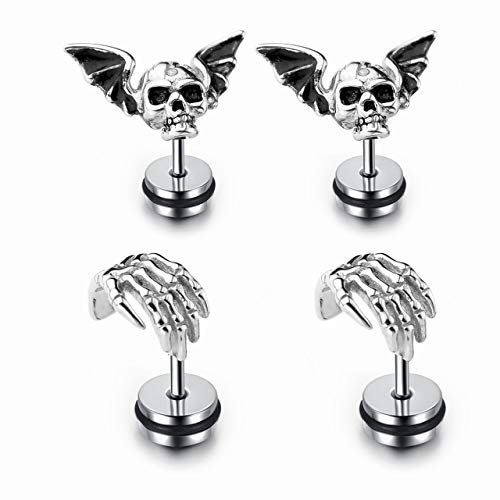 Zysta 4PCS Skull Ghost Head Skeleton Claw Bat Earring Flat Back Screw On Cool Ear Lobe Studs Cartilage Helix Piercing Set Women Men 16G Post - Image 1