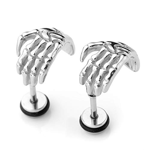 Zysta 4PCS Skull Ghost Head Skeleton Claw Bat Earring Flat Back Screw On Cool Ear Lobe Studs Cartilage Helix Piercing Set Women Men 16G Post - Image 2