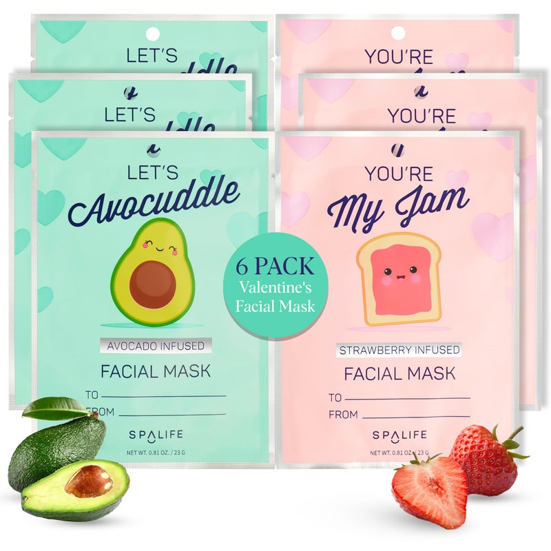 SpaLife Lets Avocuddle  Youre My Jam Face Masks 6 Pack Bundle  Avocado and Strawberry Extract Infused Sets for Hydration and Glow  The Ideal Valentines Day Skincare Gift Set
