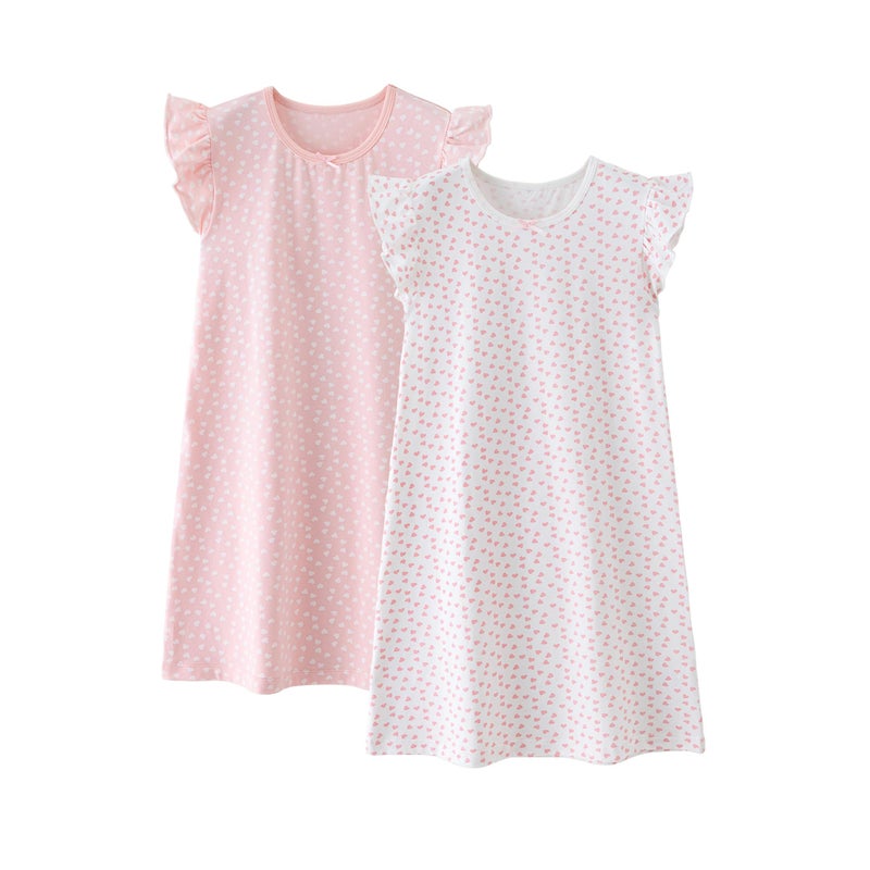 BANGSAUR Girls' Dress Set Cotton Sleepshirts, Heart Print Princess Daily Dress, 2-Pack Casual Dress Girl 3-12 Years(Flutter Sleeve N,5-6X) - Image 1
