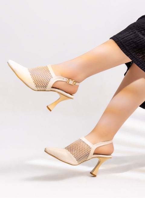 حذاء جلد بكعب شبكي F-26 - بيج