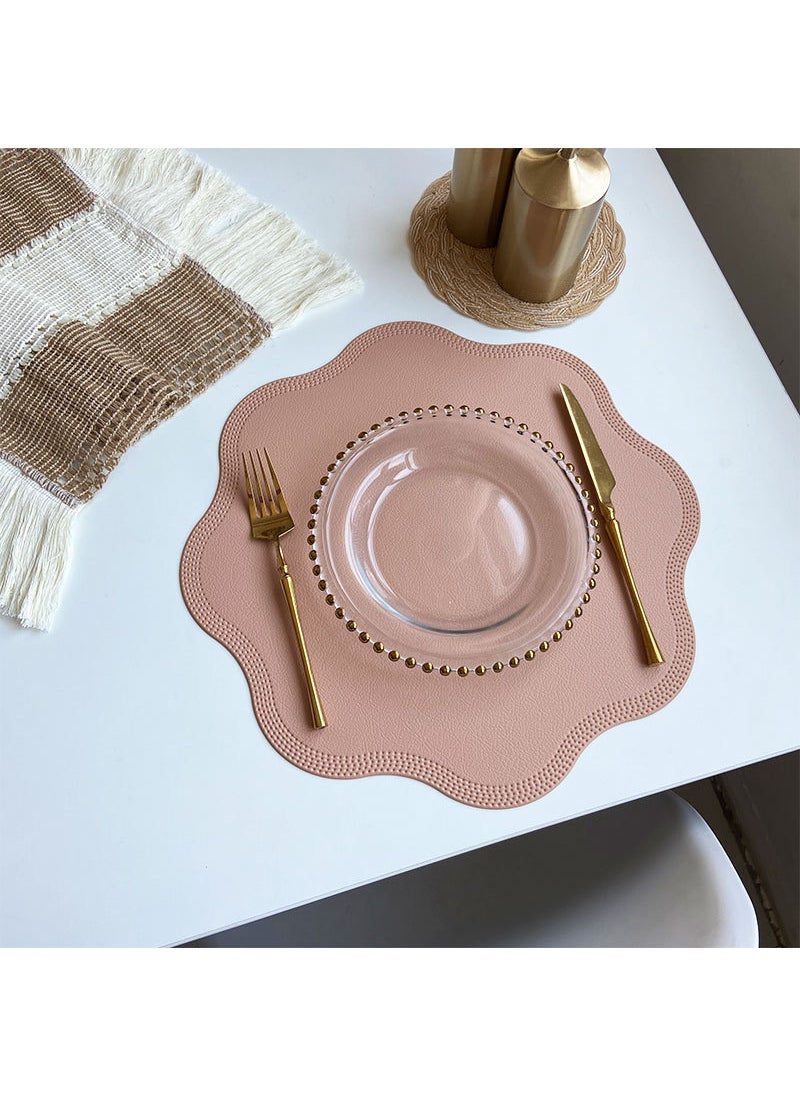 Imitation leather flower placemat waterproof oil-proof Western tableware mat Christmas red green decorative insulation mat round embossed plate mat Flower pink
