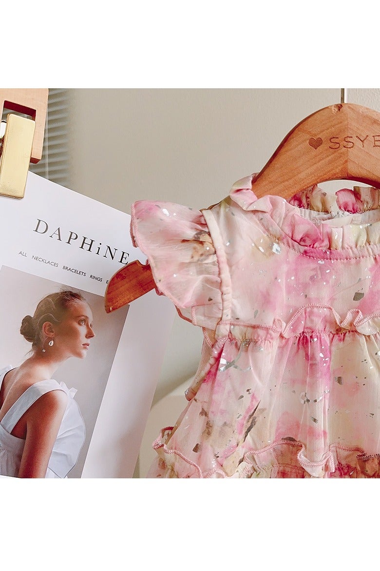 3–4Y Toddler Girl Pink Floral Princess Dress, Watercolor Tiered Tulle Dress for Birthday, Wedding, Beach & Summer Photoshoot, Fit for Height 100–110cm - Image 4