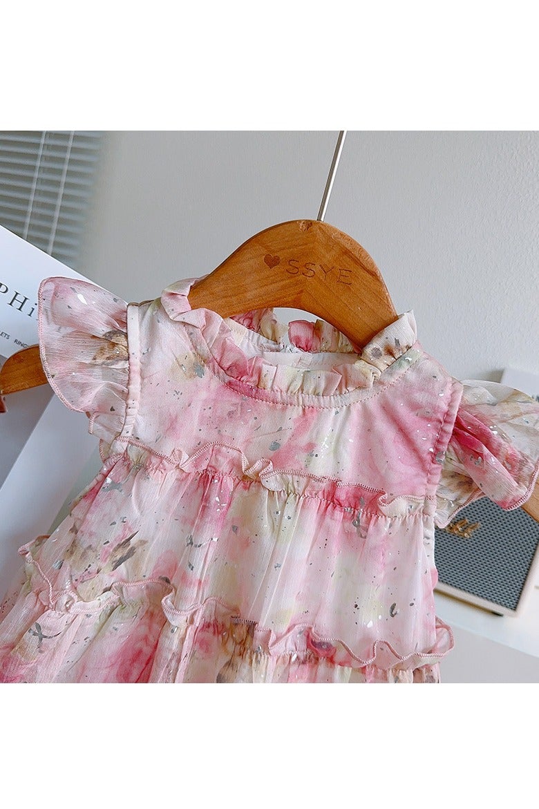 3–4Y Toddler Girl Pink Floral Princess Dress, Watercolor Tiered Tulle Dress for Birthday, Wedding, Beach & Summer Photoshoot, Fit for Height 100–110cm - Image 5