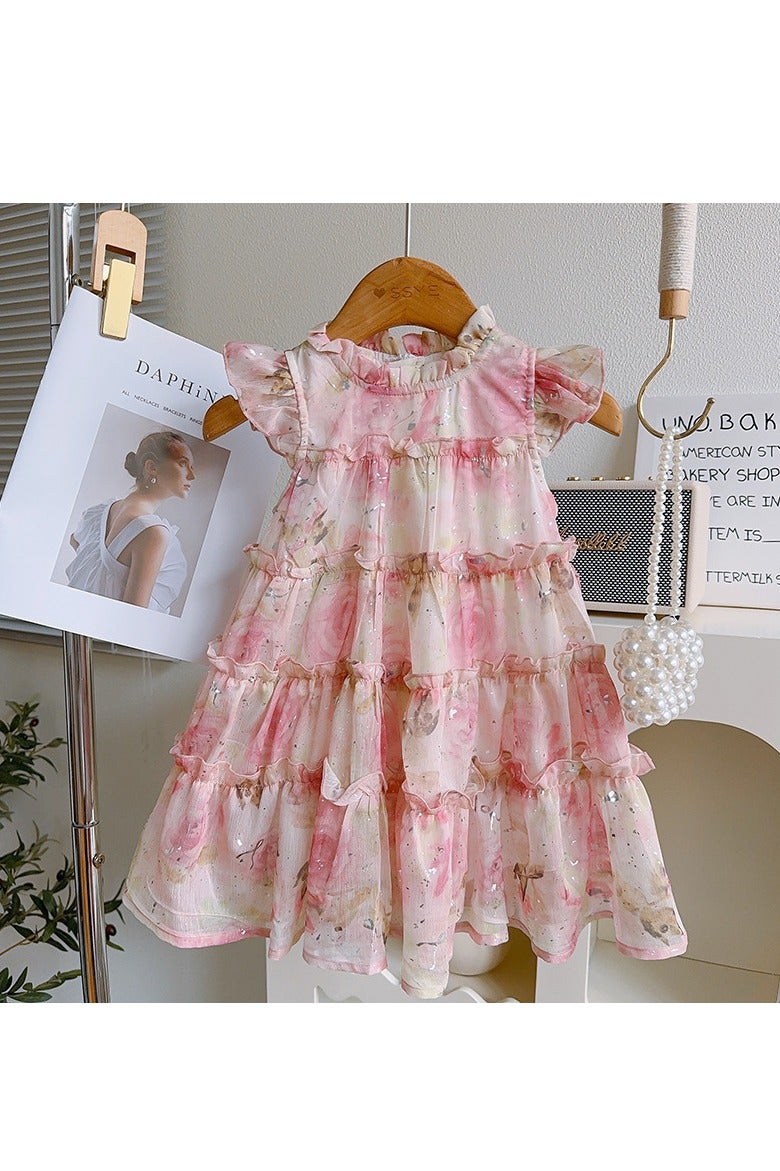 3–4Y Toddler Girl Pink Floral Princess Dress, Watercolor Tiered Tulle Dress for Birthday, Wedding, Beach & Summer Photoshoot, Fit for Height 100–110cm - Image 1