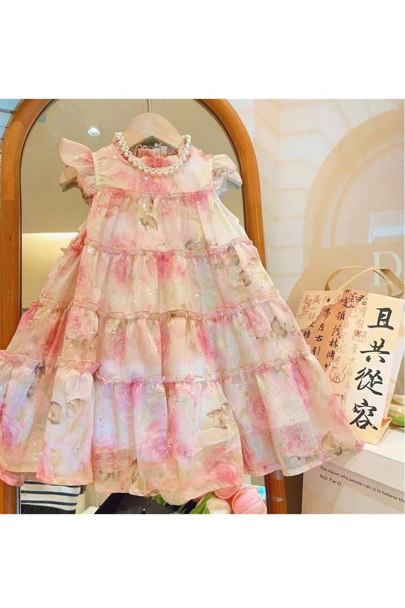 3–4Y Toddler Girl Pink Floral Princess Dress, Watercolor Tiered Tulle Dress for Birthday, Wedding, Beach & Summer Photoshoot, Fit for Height 100–110cm - Image 2
