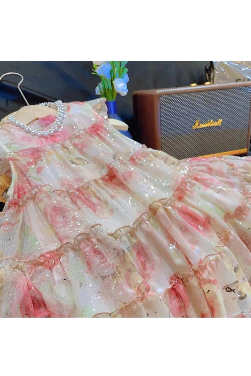 3–4Y Toddler Girl Pink Floral Princess Dress, Watercolor Tiered Tulle Dress for Birthday, Wedding, Beach & Summer Photoshoot, Fit for Height 100–110cm - Image 3