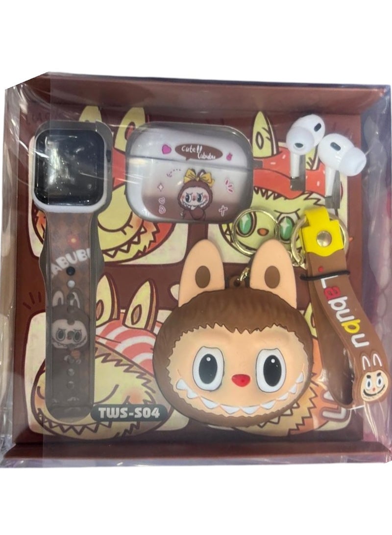 Toy Box Cute Labubu - themed smartwatch set includes a watch with a patterned band, a protective case, a keychain, and a pair of earbuds for children