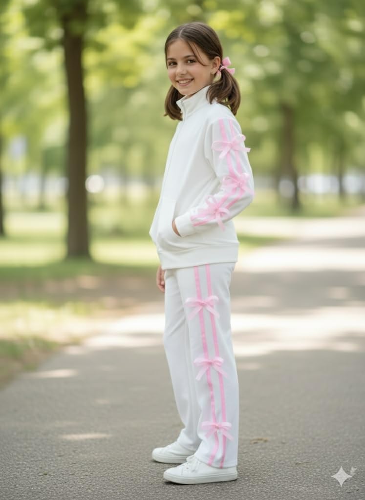 Ameeha Girls Velvet Tracksuit with Pink Bow Accents, Full Zip Jacket and Pants Set, Athletic Wear for Kids (IN, Age, 13 Years, 14 Years, White) - Image 3