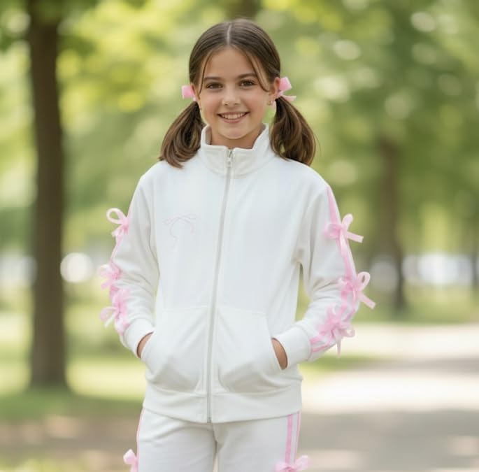 Ameeha Girls Velvet Tracksuit with Pink Bow Accents, Full Zip Jacket and Pants Set, Athletic Wear for Kids (IN, Age, 13 Years, 14 Years, White) - Image 4