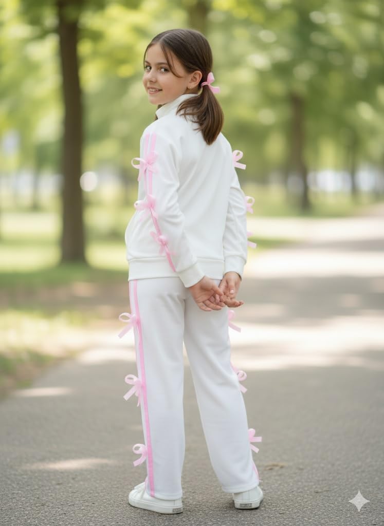 Ameeha Girls Velvet Tracksuit with Pink Bow Accents, Full Zip Jacket and Pants Set, Athletic Wear for Kids (IN, Age, 13 Years, 14 Years, White) - Image 2