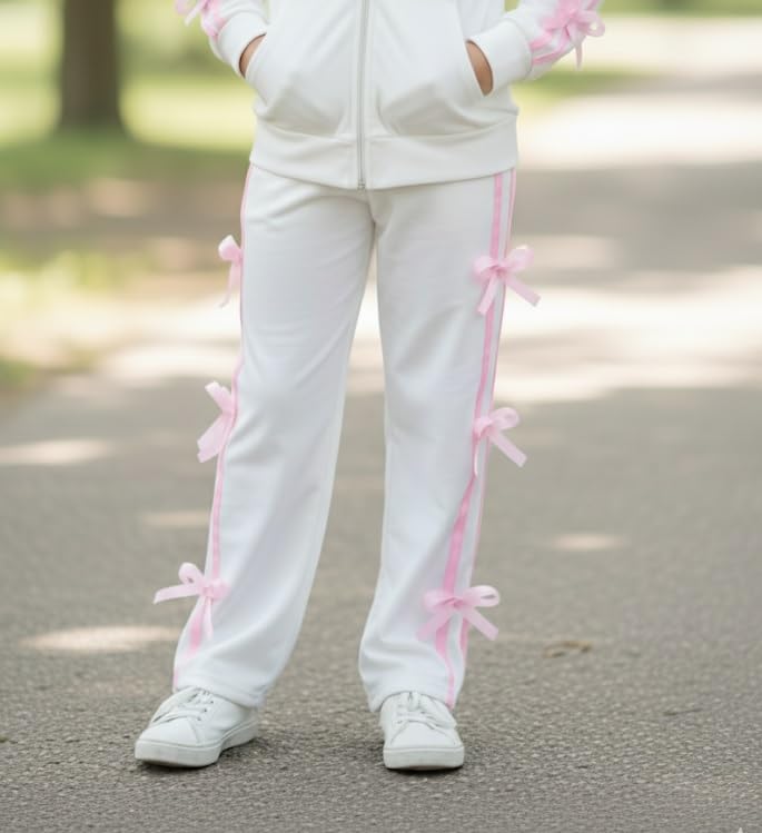 Ameeha Girls Velvet Tracksuit with Pink Bow Accents, Full Zip Jacket and Pants Set, Athletic Wear for Kids (IN, Age, 13 Years, 14 Years, White) - Image 5