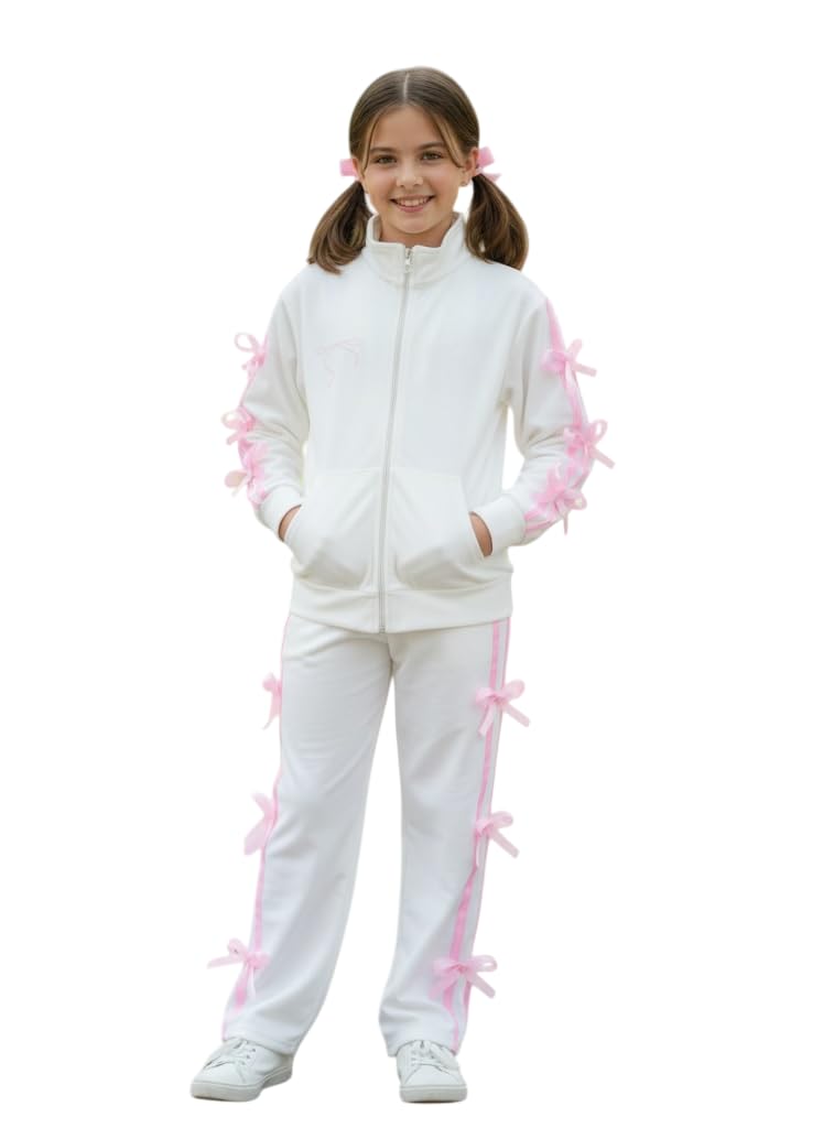 Ameeha Girls Velvet Tracksuit with Pink Bow Accents, Full Zip Jacket and Pants Set, Athletic Wear for Kids (IN, Age, 13 Years, 14 Years, White) - Image 1