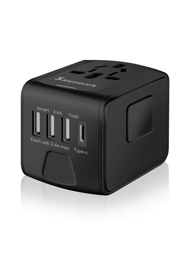 SAUNORCH محول طاقة سفر دولي عالمي مع شاحن حائط عالي السرعة 2.4A USB-A، 3.0A USB-C، محول أوروبي، مقابس كهربائية عالمية لأوروبا، المملكة المتحدة، الولايات المتحدة، أستراليا، آسيا - أسود - Image 1