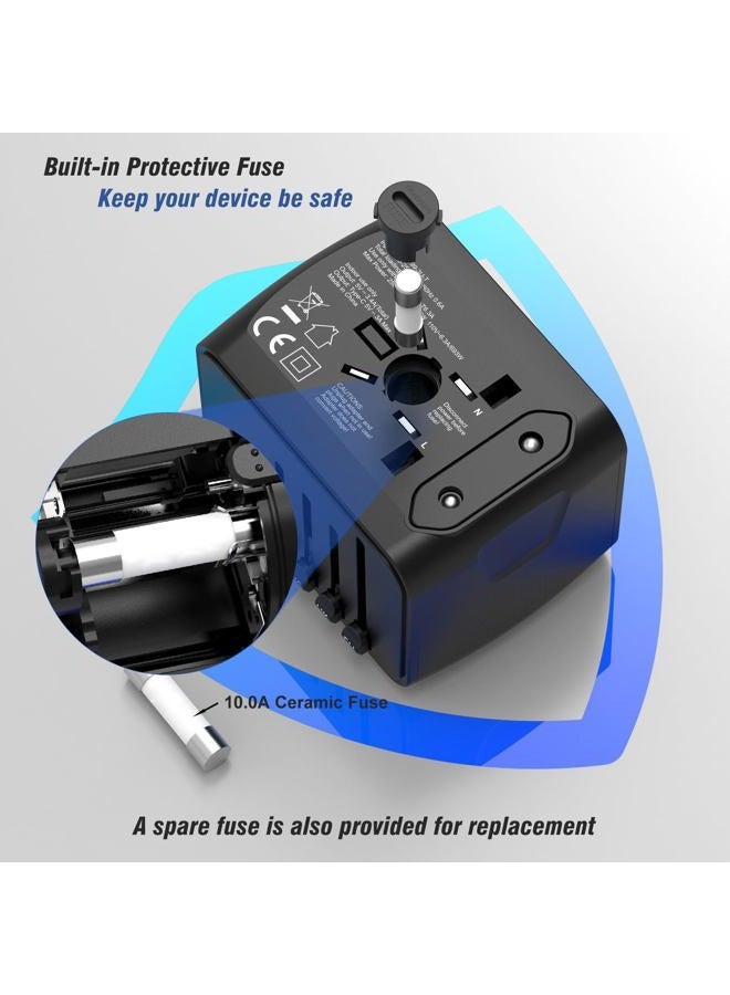 SAUNORCH محول طاقة سفر دولي عالمي مع شاحن حائط عالي السرعة 2.4A USB-A، 3.0A USB-C، محول أوروبي، مقابس كهربائية عالمية لأوروبا، المملكة المتحدة، الولايات المتحدة، أستراليا، آسيا - أسود - Image 4