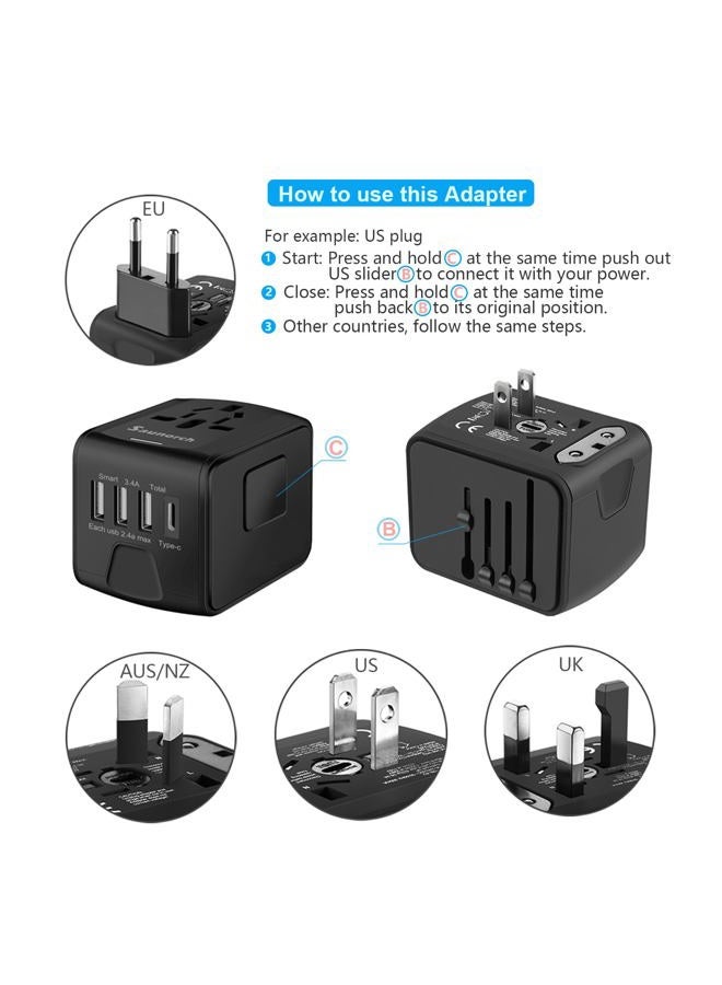 SAUNORCH محول طاقة سفر دولي عالمي مع شاحن حائط عالي السرعة 2.4A USB-A، 3.0A USB-C، محول أوروبي، مقابس كهربائية عالمية لأوروبا، المملكة المتحدة، الولايات المتحدة، أستراليا، آسيا - أسود - Image 5