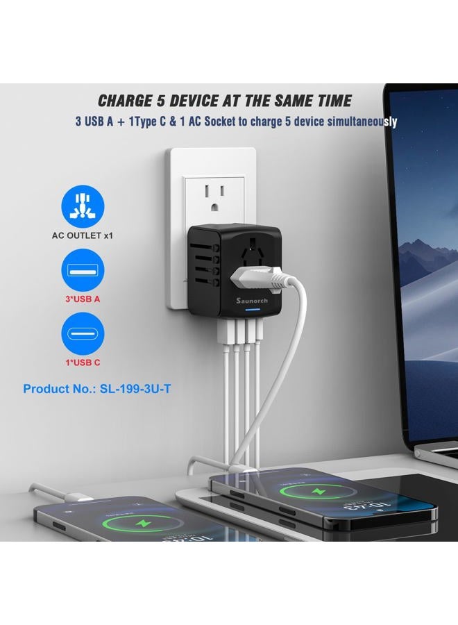 SAUNORCH محول طاقة سفر دولي عالمي مع شاحن حائط عالي السرعة 2.4A USB-A، 3.0A USB-C، محول أوروبي، مقابس كهربائية عالمية لأوروبا، المملكة المتحدة، الولايات المتحدة، أستراليا، آسيا - أسود - Image 2