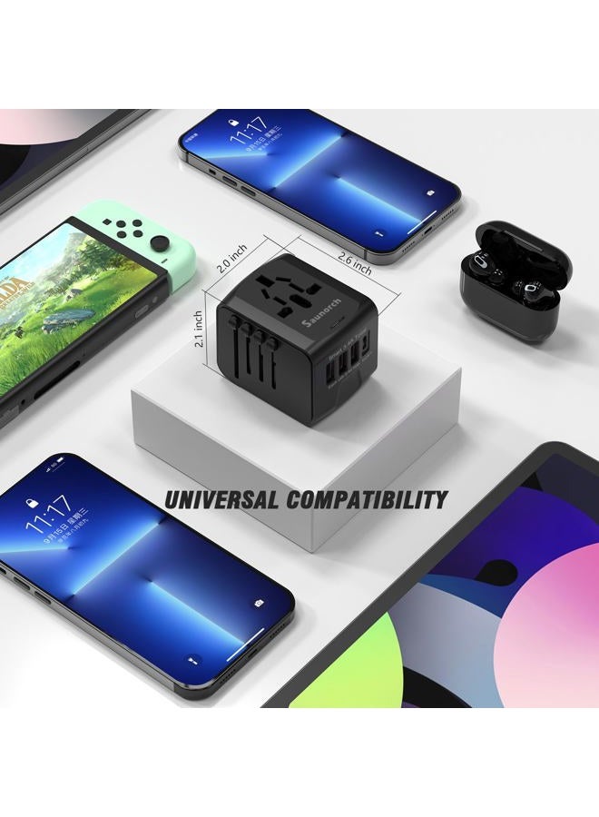 SAUNORCH محول طاقة سفر دولي عالمي مع شاحن حائط عالي السرعة 2.4A USB-A، 3.0A USB-C، محول أوروبي، مقابس كهربائية عالمية لأوروبا، المملكة المتحدة، الولايات المتحدة، أستراليا، آسيا - أسود - Image 3