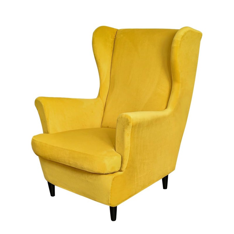 PENDEJATO Wing Chair Slipcovers 2 Piece Stretch Wingback Chair Cover Soft Velvet Armchair Covers with Elastic Bottom for Living Room Bedroom Yellow