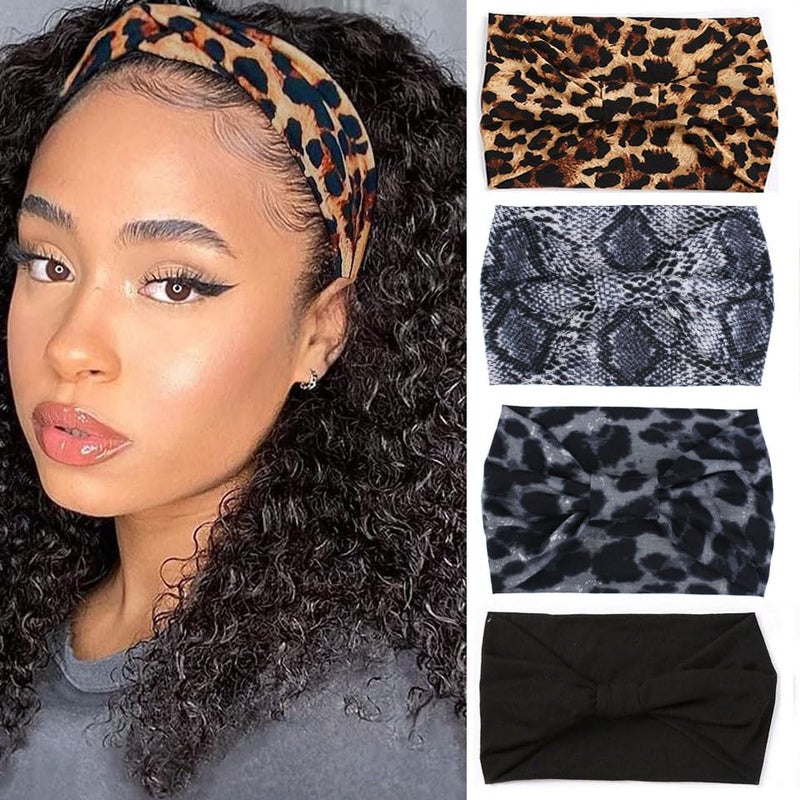 XTREND 4 Packs Wide Headband Fashion Headscarf Bohemian Style Elastic Knotted Nonslip Headbands Suitable For Black Women Outdoor Yoga Sports Printed Hair Accessories
