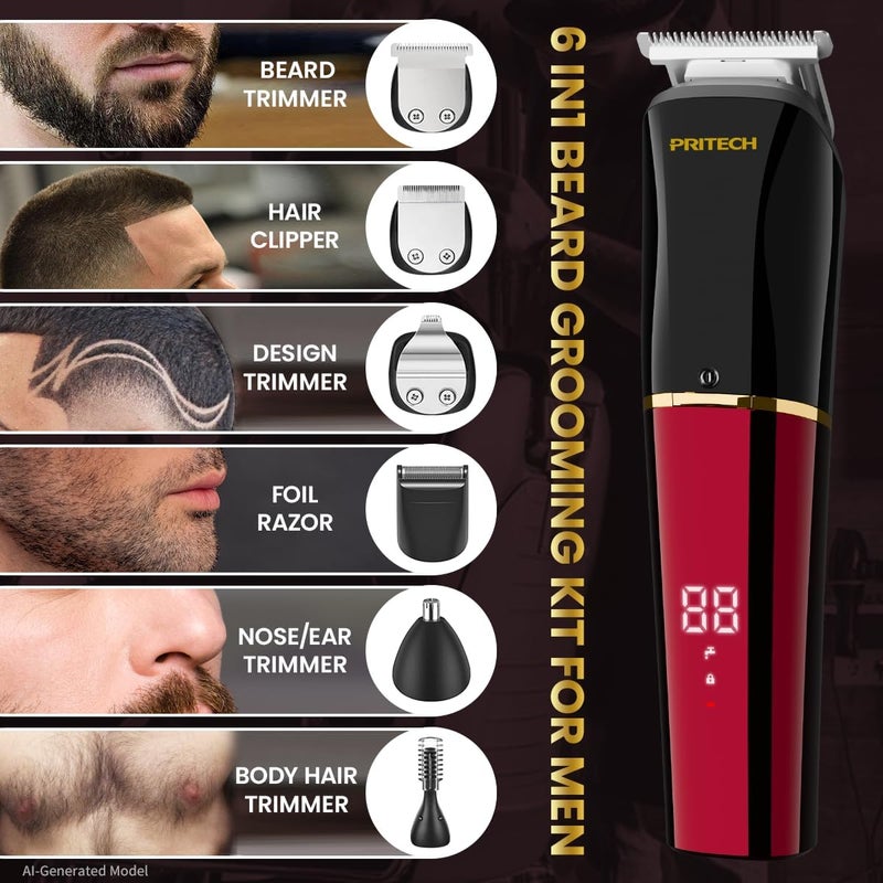pritech Beard Trimmer for Men,6 in 1 Hair Clippers Kit, Precision Cordless Grooming Kit Waterproof IPX6 for Beard, Hair, Body, Nose, Ear, with Foil Razor (Red) - Image 3