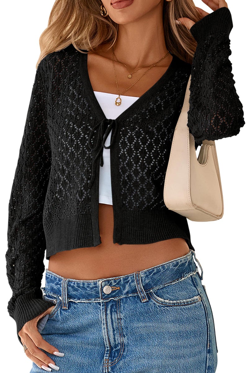 SimpleFun Black Cropped Cardigan for Women Lightweight Long Sleeve Cute Shrugs Sweater for Teen Girls Black,M - Image 1