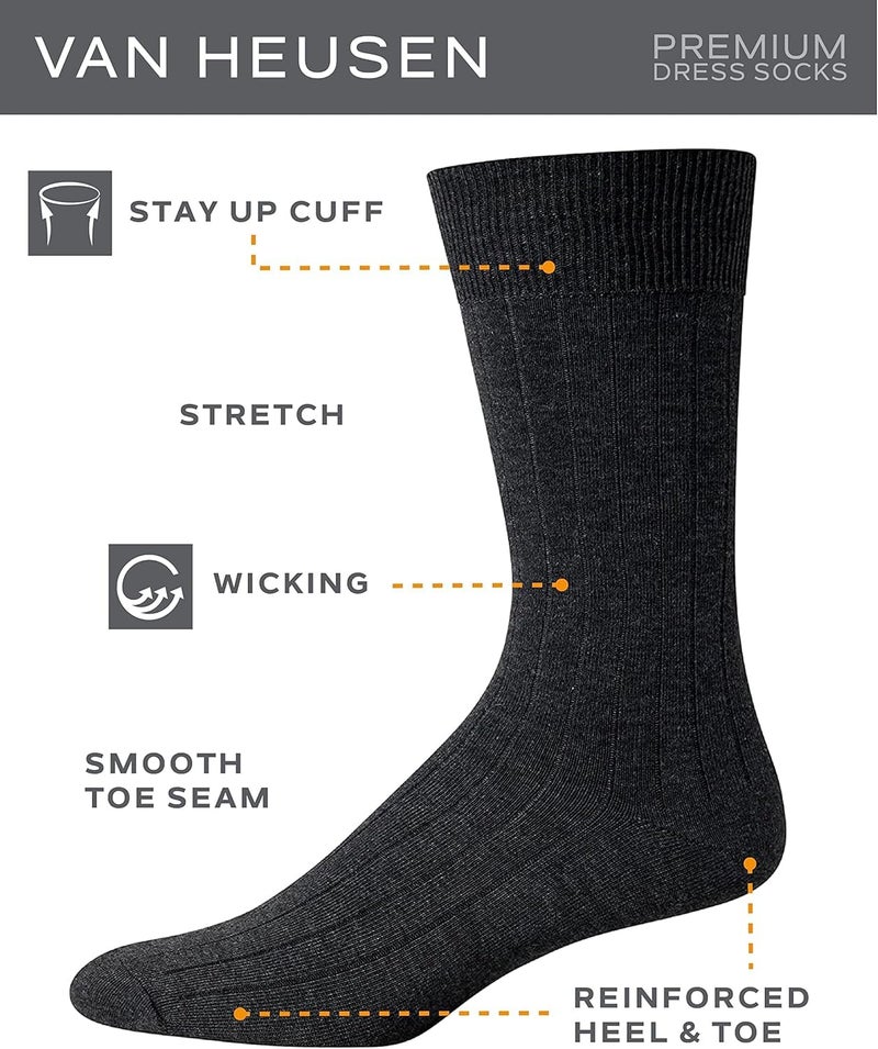 Van Heusen Men's Dress Socks - 7 Pack Premium Stretch Moisture Wicking Crew Socks with Reinforced Heel and Toe (Size: 6-12.5), Size 6-12.5, Grey/Black/Navy - Image 3