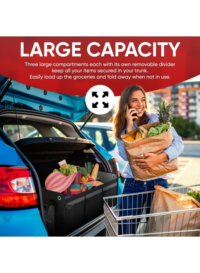 FORTEM Car Trunk Organizer   Suv Storage Collapsible Multi Compartment Non-Slip Bottom Adjustable Securing Straps Foldable Cover 3 Compartments Grey - Image 3