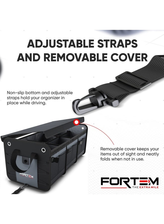 FORTEM Car Trunk Organizer   Suv Storage Collapsible Multi Compartment Non-Slip Bottom Adjustable Securing Straps Foldable Cover 3 Compartments Grey - Image 5