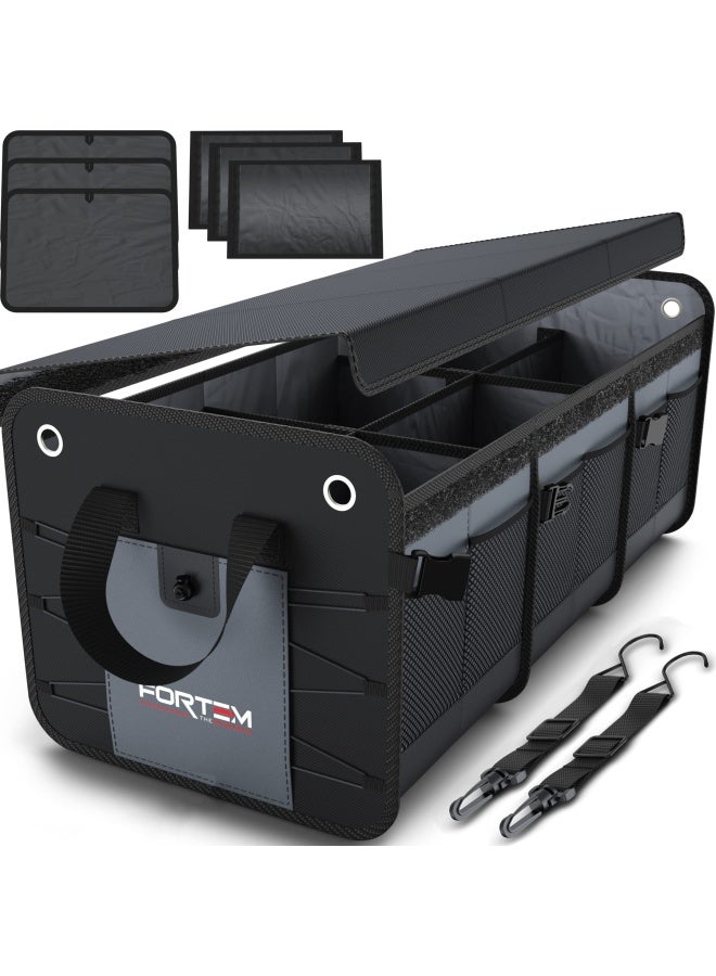FORTEM Car Trunk Organizer   Suv Storage Collapsible Multi Compartment Non-Slip Bottom Adjustable Securing Straps Foldable Cover 3 Compartments Grey - Image 1