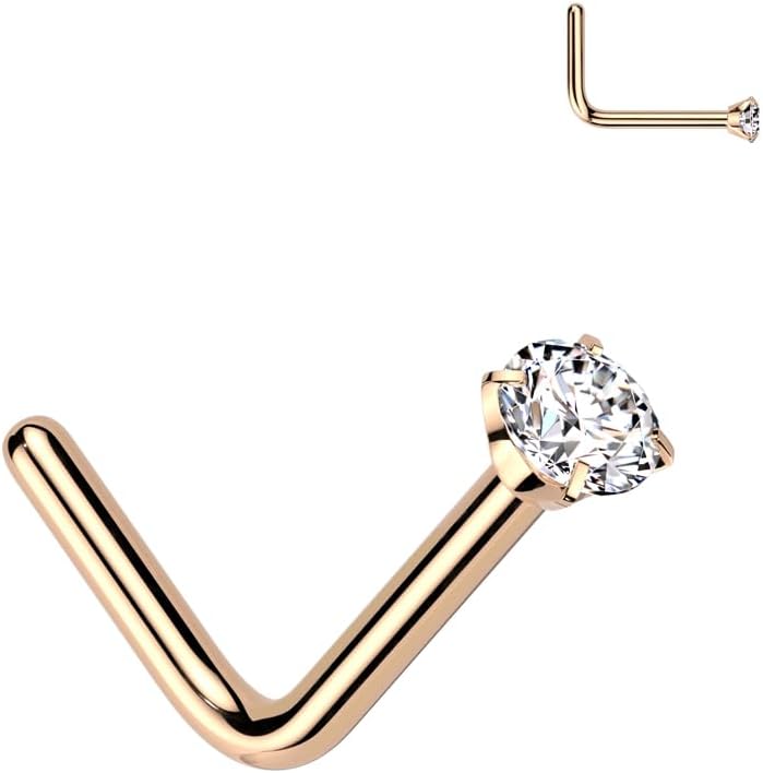 FifthCue Solid Titanium L Bend Nose Stud Ring with Prong Set CZ Gem - Image 1