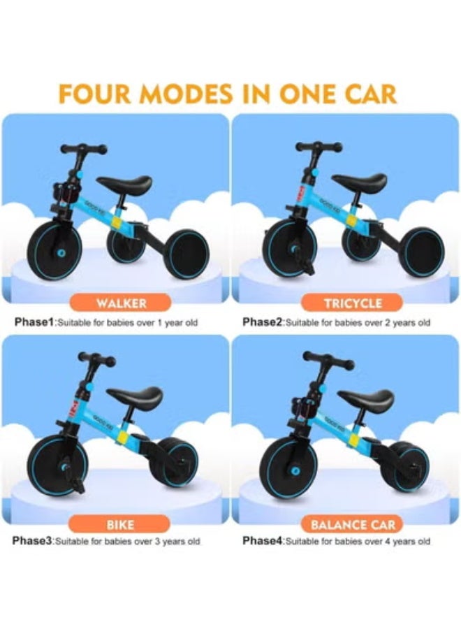 JAJEEK 4-in-1 Kids Balance Bike & Tricycle – Adjustable Seat & Pedals Toddler Ride-On for 1–4 Years | Indoor & Outdoor Baby Trike | Convertible First Bike & Birthday Gift for Boys & Girls – Blue - Image 3