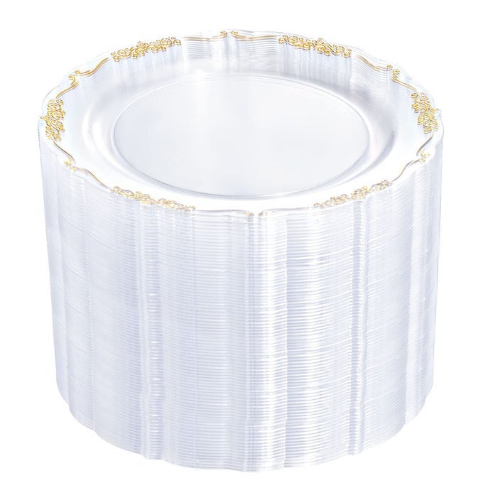 60PCS CLEAR PLASTIC PLATES HEAVY DUTY CLEAR DISPOSABLE PLATES 75 FANCY GOLD DESSERT PLATOS SMALL CAKE PLATES APPETIZER PLATOS HARD ROUND PLASTIC DISPOSABLE FOR WEDDING AND PARTY