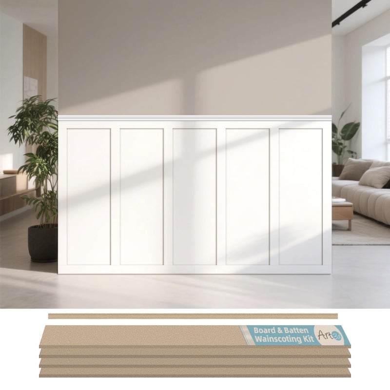 Art3d Premade Board and Batten Paintable Wainscoting Kit, MDF Accent Wall Panel for Kitchen Bedroom Living Room Home Decor Covers 94.5 x 54 in. Molding Trim Slat with Edge Strip - Image 1