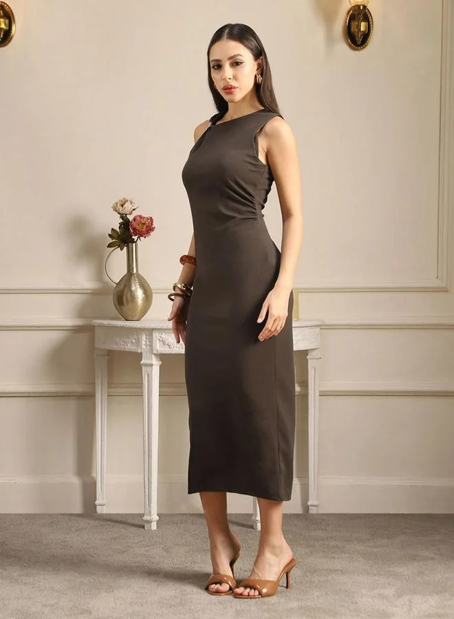 جلو باص فستان ميدي ضيق بكتف واحد