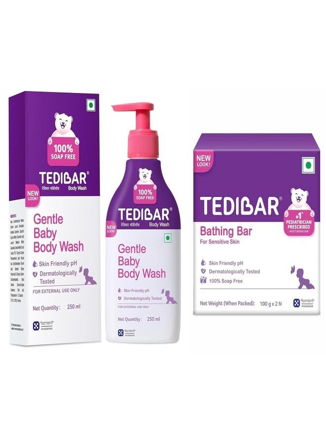 Tedibar Rich Moisturising Baby Body Wash 250ml with Skin Friendly PH with Tedibar Moisturising Baby Bathing Bar 100gx2 (Pack of 1)|100% Soap Free | Dermatologically TestedMoisturising Bar - Image 1