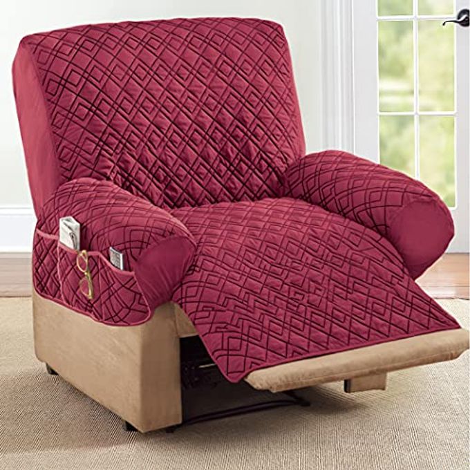 Collections Etc Diamond-Shape Quilted Stretch Recliner Cover with Storage Pockets and Elastic Straps Furniture Protector - Image 2