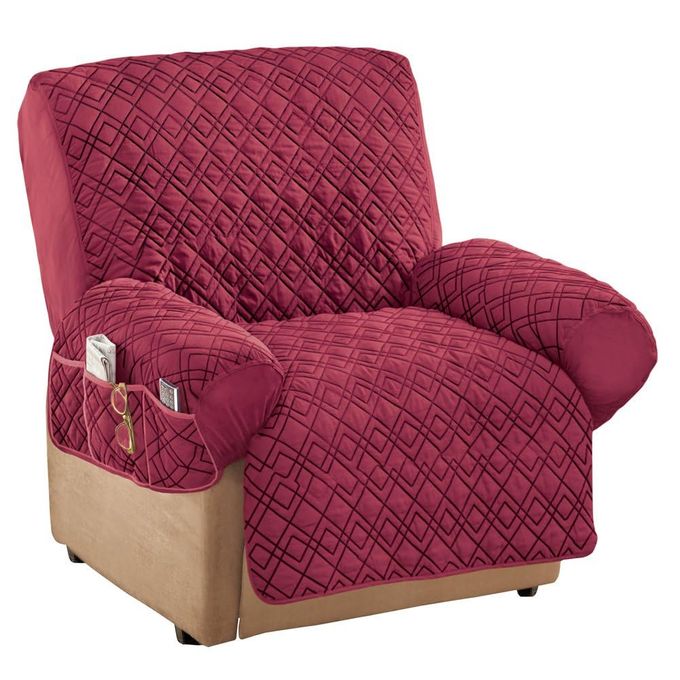 Collections Etc Diamond-Shape Quilted Stretch Recliner Cover with Storage Pockets and Elastic Straps Furniture Protector - Image 3