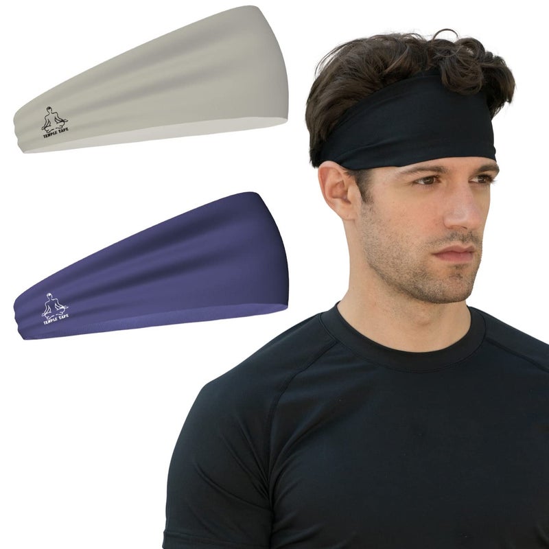 Temple Tape, Value 2-Pack, Mens Headband - Guys Sports Headbands Moisture Wicking Workout Sweatbands for Running, Cross Training, Skiing and Bike Helmet Friendly - 1-Navy & 1-Gray Sweatband - Image 5