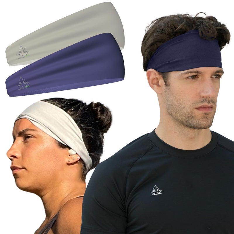 Temple Tape, Value 2-Pack, Mens Headband - Guys Sports Headbands Moisture Wicking Workout Sweatbands for Running, Cross Training, Skiing and Bike Helmet Friendly - 1-Navy & 1-Gray Sweatband - Image 1