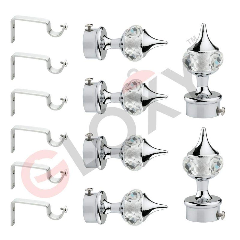 GLOXY Enterprise Aluminium Single Diamond Curtain Brackets Parda Holders with Support Fittings 1 Inch Rod Pocket Finials Designer Door and Window Silver 3 Pair
