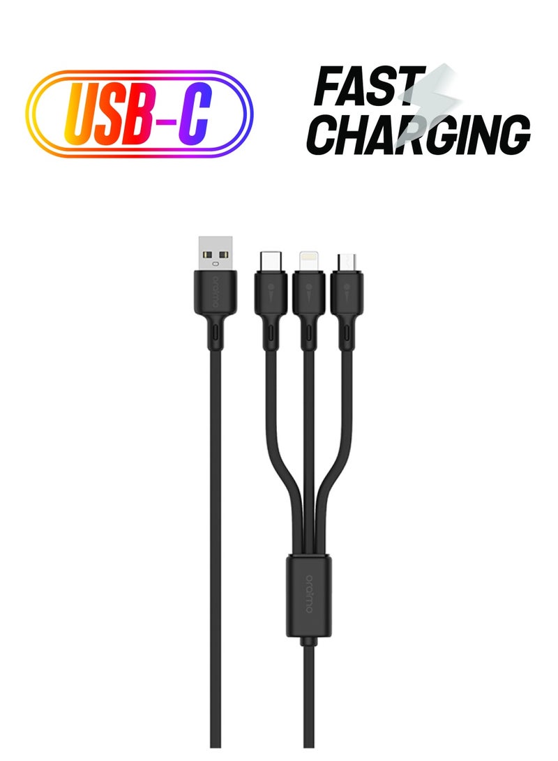 كابل لايتننج ديورا لاين 3 في 1 يناسب جميع الأجهزة مع منفذ Type-C . مايكرو USB شحن سريع أسود