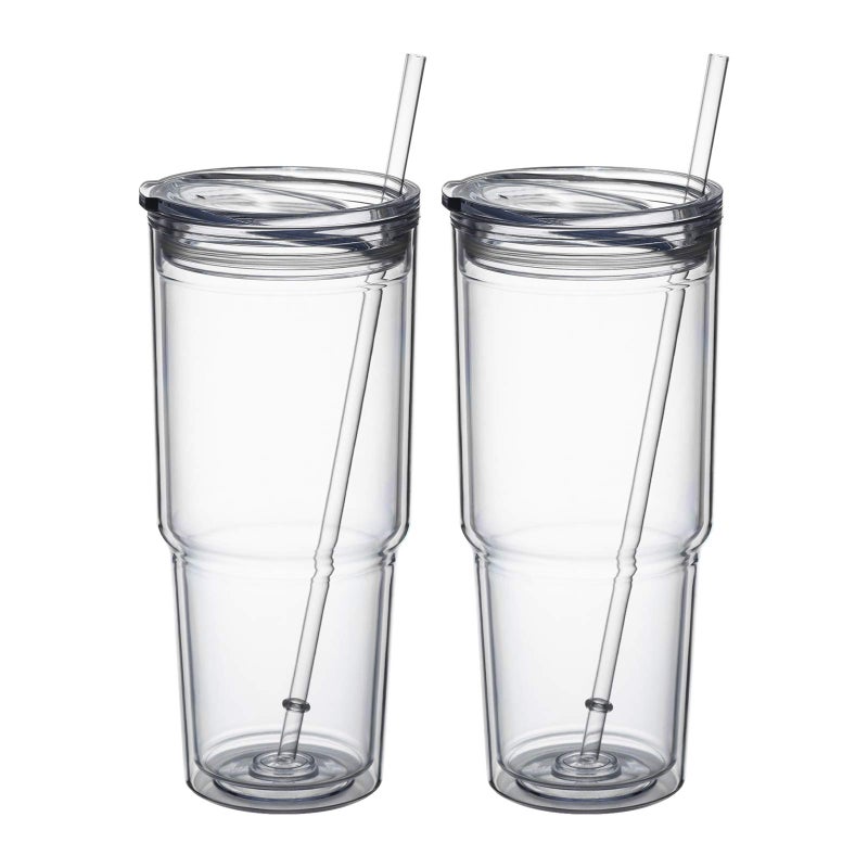 MEWAY 30oz2 pcs Classic Insulated TumblersDouble Wall Acrylic Tumbler with LidReusable Plastic Insulated Tumblers with Strawfor cold drinks sand ice whatever you liketransparent2 pack
