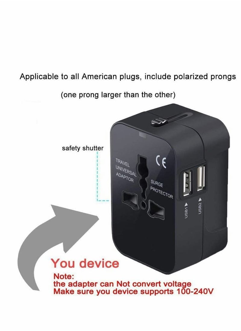 Excefore - Travel Adapter, Universal All in One Worldwide Travel Adapter Power Converters Wall Charger AC Power Plug Adapter with Dual USB Charging Ports for Asia Europe UK AUS and USA (Black) - Image 1