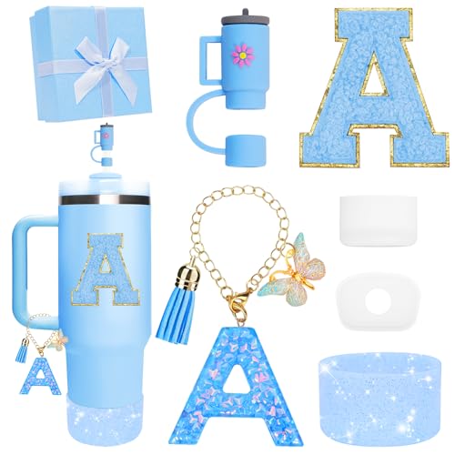 Miglaja Blue Accessories for Stanley Cup Accessories 30OZ 40OZ, All Accessories Gift Box Contain Flower Straw Topper, Sillicone Boot, Letter Stickers and Pendants,Spill Stopper Set (Blue A) - Image 1