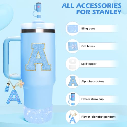 Miglaja Blue Accessories for Stanley Cup Accessories 30OZ 40OZ, All Accessories Gift Box Contain Flower Straw Topper, Sillicone Boot, Letter Stickers and Pendants,Spill Stopper Set (Blue A) - Image 2