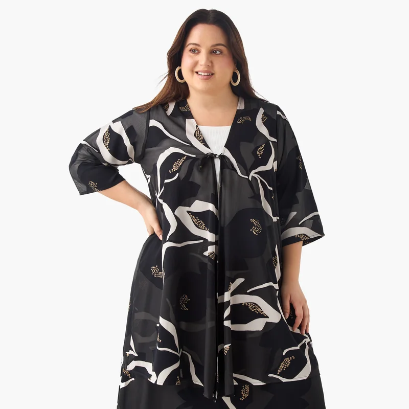  أولا بوبكن Plus Size Ulla Popken Printed Kimono Shrug with 3/4 Sleeves and Tie-Up Detail